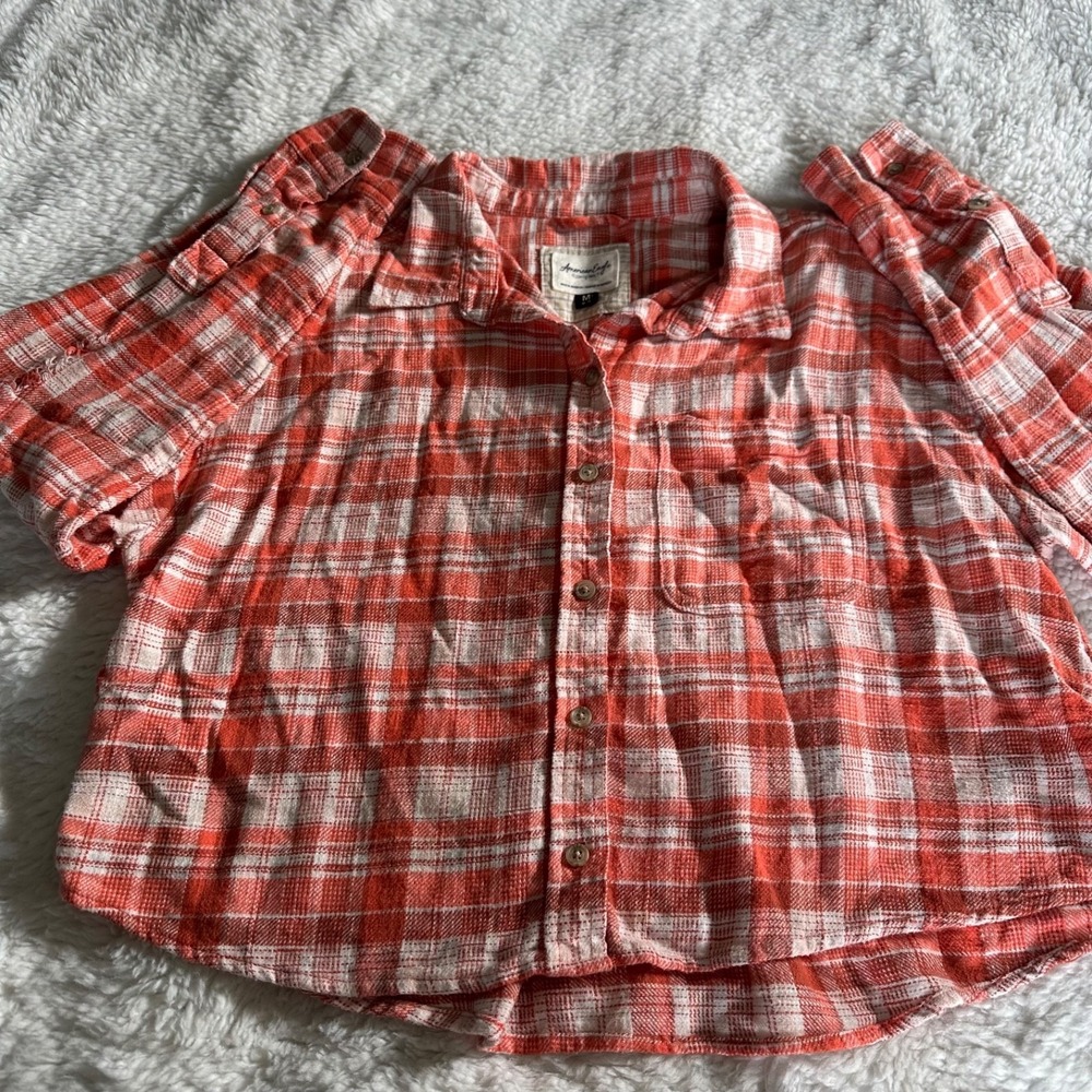 American Eagle Women's M Orange White Plaid Cropped Flannel Button Down Shirt